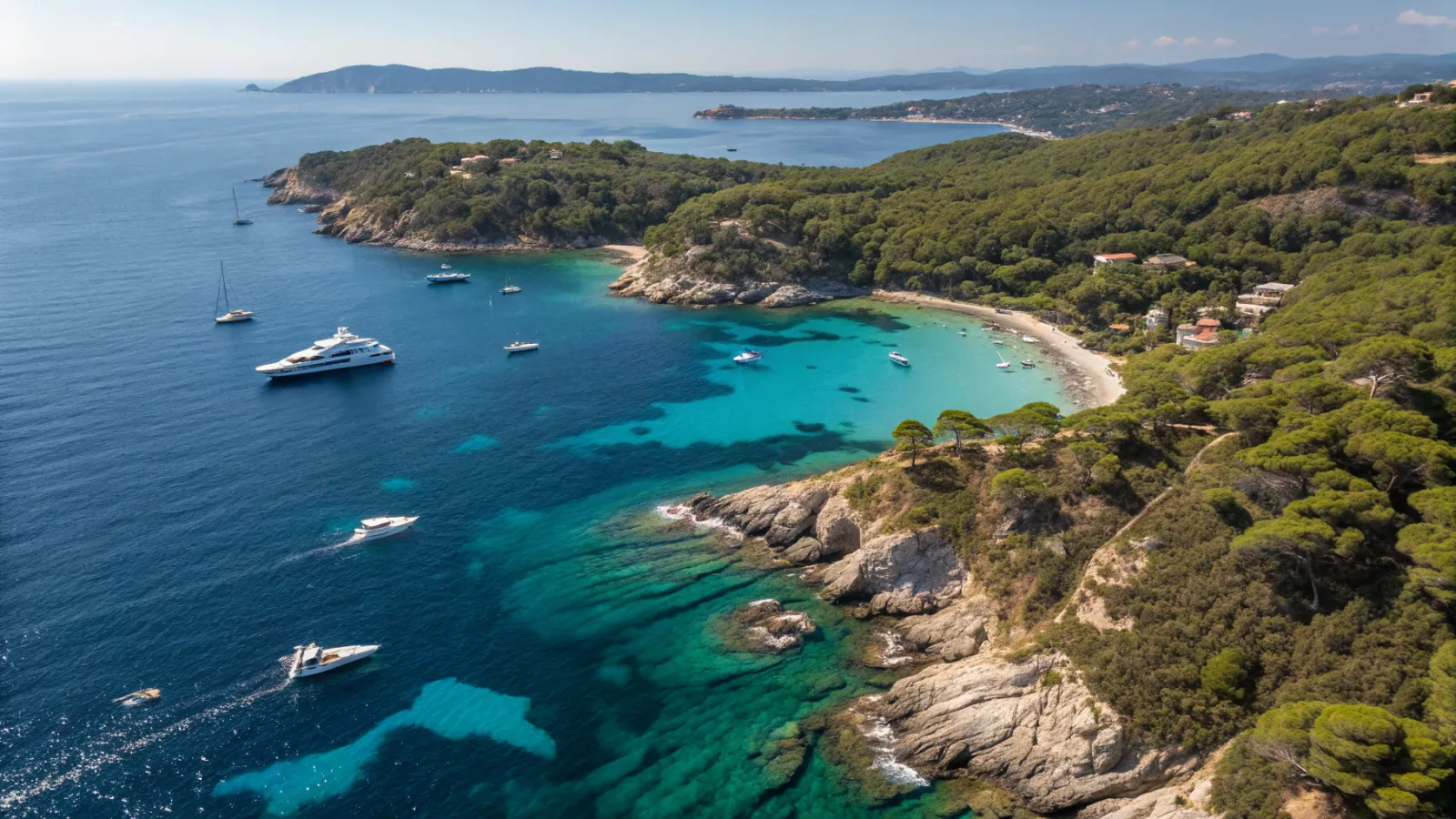 Yachts au mouillage le long de l'Île du Levant