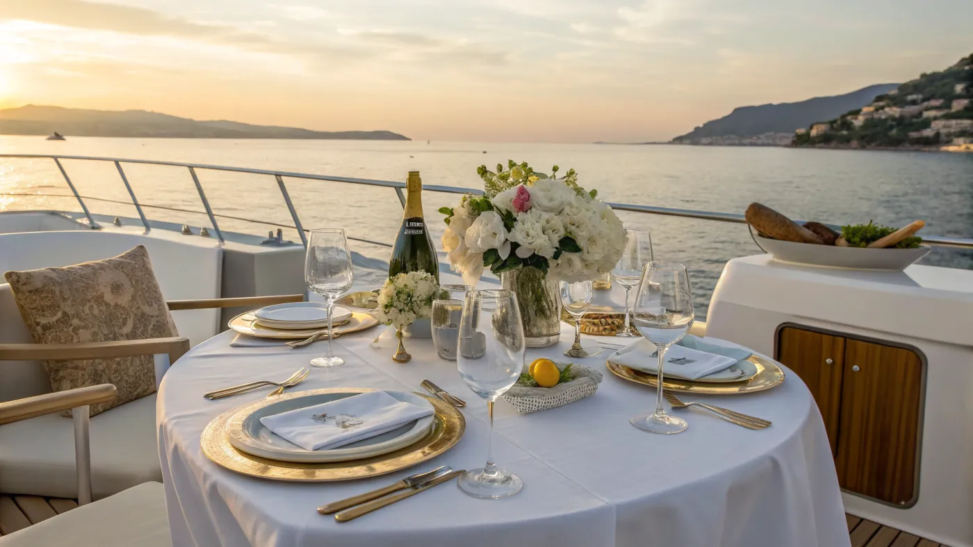 Table dressée sur le pont d'un yacht au coucher du soleil